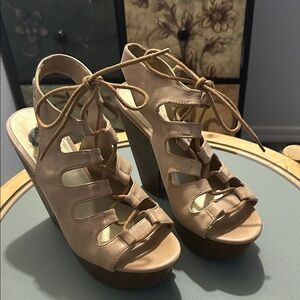 G by Guess Beige Lace-Up Platform Sandals